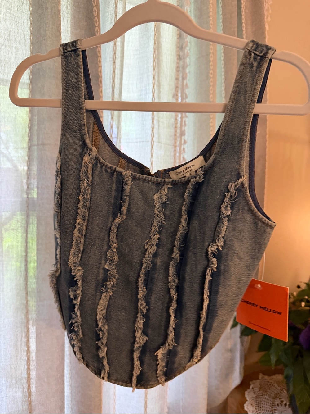 Frayed Stripe Denim Tank Top - Blue